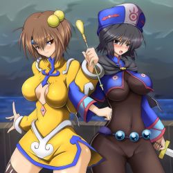 Rule 34 | 2girls, ass, belt, black hair, blush, bodysuit, boots, breasts, brown eyes, brown hair, cape, chloe valens, cleavage cutout, clothing cutout, dress, hair ornament, hat, highres, jacket, multiple girls, norma beatty, oyashimakanya, short hair, smile, sword, tales of (series), tales of legendia, thigh boots, thighhighs, weapon