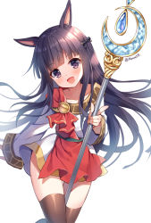 Rule 34 | :d, animal ears, black hair, black thighhighs, blunt bangs, collarbone, commentary request, crescent, dress, head tilt, holding, holding staff, kasumi (princess connect!), long hair, long sleeves, mauve, open mouth, pointing, princess connect!, purple eyes, simple background, sleeves past wrists, smile, solo, staff, thighhighs, twitter username, very long hair, white background, white dress, wide sleeves