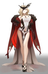 Rule 34 | 1girl, bare shoulders, black gloves, black mask, blonde hair, blue eyes, blush, breasts, cape, chela77, cleavage, collarbone, dress, elbow gloves, full body, fur-trimmed cape, fur trim, genshin impact, gloves, grey skirt, highres, lace-trimmed eyepatch, large breasts, long hair, looking at viewer, pelvic curtain, signora (genshin impact), skirt, white dress