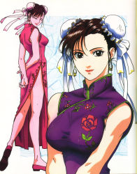 Rule 34 | 1girl, arms behind back, ass, bare arms, black eyes, breasts, brown hair, capcom, china dress, chinese clothes, chun-li, closed mouth, double bun, dress, earrings, closed eyes, feet, full body, highres, jewelry, large breasts, legs, light smile, lipstick, looking at viewer, makeup, medium breasts, murase shuko, purple dress, red dress, red footwear, red lips, shoes, short hair, sideboob, simple background, sleeveless, smile, solo, standing, street fighter, thighs
