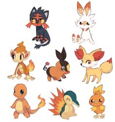 Rule 34 | :d, bad id, bad tumblr id, bird, charamells, charmander, chimchar, claws, closed eyes, closed mouth, creature, creatures (company), cyndaquil, fennekin, fiery tail, fire, fire, flame-tipped tail, full body, game freak, gen 1 pokemon, gen 2 pokemon, gen 3 pokemon, gen 4 pokemon, gen 5 pokemon, gen 6 pokemon, gen 7 pokemon, gen 8 pokemon, litten, monkey, nintendo, no humans, open mouth, pokemon, pokemon (creature), scorbunny, simple background, sitting, smile, standing, tail, tepig, torchic, white background