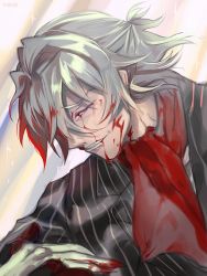 Rule 34 | 2boys, antonio salieri (fate), antonio salieri (second ascension) (fate), ascot, black gloves, black jacket, bleeding, blood, blood from mouth, blood on face, closed eyes, collared shirt, fate/grand order, fate (series), formal, gloves, jacket, long sleeves, male focus, multiple boys, neckwear request, nonono nagata, pinstripe pattern, red ascot, shirt, short hair, solo focus, striped, suit, upper body, white hair, white shirt, wolfgang amadeus mozart (fate)