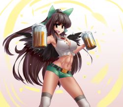 Rule 34 | 1girl, abs, alcohol, alternate costume, armpits, beer, beer mug, belt, black wings, bow, breasts, brown hair, cleavage, contemporary, crop top, crop top overhang, cup, gradient background, hair bow, hair ornament, hair ribbon, hater (hatater), highres, large breasts, long hair, looking at viewer, midriff, mug, muscular, muscular female, navel, navel piercing, non-web source, piercing, ponytail, red eyes, reiuji utsuho, ribbon, short shorts, shorts, sleeveless, smile, solo, thighhighs, third eye, toned, touhou, white thighhighs, wings