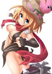 Rule 34 | 1girl, :3, armor, armored boots, assassin cross (ragnarok online), black cape, black gloves, blonde hair, blue eyes, blush, boots, brown hat, cape, commentary request, cowboy hat, elbow gloves, fingerless gloves, full body, gloves, grin, hair between eyes, hat, high heel boots, high heels, highres, kneehighs, looking at viewer, navel, ooyama kina, pauldrons, photoshop (medium), poring, ragnarok online, red scarf, revealing clothes, scarf, short hair, shoulder armor, simple background, slime (creature), smile, socks, solo, waist cape, white background
