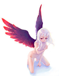 Rule 34 | 1girl, grey hair, kneeling, nude, red eyes, simple background, solo, weno, wings