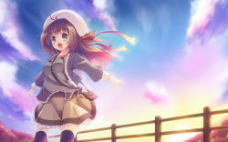 Rule 34 | 1girl, :d, bad id, bad pixiv id, black thighhighs, blush, brown hair, cloud, fence, green eyes, hat, hat ribbon, highres, hirose madoka, long hair, looking at viewer, open mouth, original, ribbon, skirt, sky, smile, solo, sunlight, thighhighs, wallpaper