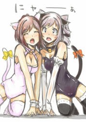 Rule 34 | 10s, 2girls, animal ears, blush, bow, breasts, brown hair, cat ears, cat tail, cleavage, drill hair, closed eyes, hair bow, idolmaster, idolmaster cinderella girls, kanzaki ranko, kemonomimi mode, looking at viewer, maekawa miku, mistrail, multiple girls, open mouth, red eyes, short hair, silver hair, sketch, swimsuit, tail, thighhighs, twin drills, twintails