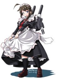 Rule 34 | 10s, 1girl, adapted costume, alternate costume, apron, black dress, blue eyes, braid, brown hair, cannon, dress, enmaided, hair flaps, kantai collection, maid, maid apron, maid headdress, neckerchief, red neckerchief, shigure (kancolle), shigure kai ni (kancolle), single braid, solo, tatsumi ray, turret