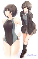 Rule 34 | 1girl, amagami, black footwear, black hair, black one-piece swimsuit, breasts, closed mouth, commentary request, competition swimsuit, covered navel, dated, full body, grin, hands in pockets, hands on own hips, happy birthday, highres, kibito high school uniform, kneehighs, loafers, looking at viewer, multiple views, nanasaki ai, one-piece swimsuit, sasaki akira (ugc), school uniform, shoes, smile, socks, standing, swimsuit