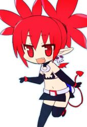 1girl boots chibi choker demon_girl demon_tail demon_wings disgaea earrings elbow_gloves etna_(disgaea) fang gloves hekaton jewelry looking_at_viewer mini_wings miniskirt o-ring o-ring_choker open_mouth pointy_ears red_eyes red_hair skirt skull_earrings smile solo tail thigh_boots wings