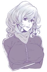 Rule 34 | 1girl, arms under breasts, artist name, breasts, cog hal, cropped torso, crossed arms, dated, greyscale, hair between eyes, jacket, large breasts, lips, long hair, long sleeves, looking at viewer, lupin iii, mine fujiko, monochrome, neckerchief, portrait, solo, track jacket, upper body, wavy hair, white background