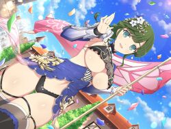 Rule 34 | 1girl, aqua eyes, armor, black panties, blue dress, blush, bracelet, braid, braided ponytail, breasts, brick wall, building, cleavage, cloud, cloudy sky, confetti, dress, flag, flower, fountain, gluteal fold, green hair, hair flower, hair ornament, highres, hiyori (senran kagura), holding, holding flag, jewelry, knight, large breasts, looking at viewer, medium hair, navel, official art, open mouth, outdoors, panties, pearl bracelet, pink flag, plant, senran kagura, senran kagura new link, shiny skin, shoulder armor, sky, smile, solo, sunlight, thigh gap, thighhighs, underboob, underwear