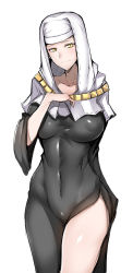Rule 34 | 1girl, absurdres, black robe, breasts, breasts apart, covered navel, cowboy shot, dress, eyelashes, fate/extra, fate/extra ccc, fate (series), gggg, highres, nipples, no bra, nun, robe, sessyoin kiara, simple background, smile, solo, standing, white background, yellow eyes