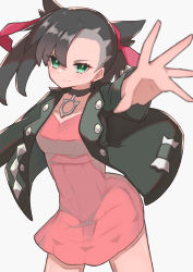 Rule 34 | 1girl, asymmetrical bangs, black choker, black hair, black jacket, breasts, choker, closed mouth, commentary, covered navel, creatures (company), dress, earrings, game freak, green eyes, hair ribbon, highres, jacket, jewelry, long sleeves, looking at viewer, marnie (pokemon), medium hair, nintendo, nuneno, open clothes, open jacket, pink dress, pokemon, pokemon swsh, red ribbon, ribbon, simple background, smile, solo, spread fingers, white background