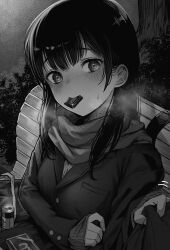 Rule 34 | 1girl, absurdres, bag, bench, black hair, blush, breasts, bush, can, candy, canned coffee, chocolate, chocolate bar, clothes grab, commentary request, drink can, food, food in mouth, gibagiba, glint, greyscale, highres, jacket, jacket grab, long hair, looking at viewer, medium breasts, mole, mole on neck, monochrome, original, outdoors, park bench, pov, scarf, school bag, school uniform, sitting, steam, sweat, tree, valentine