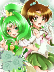 Rule 34 | 10s, 1990s (style), 2girls, bishoujo senshi sailor moon, bow, brown hair, choker, color connection, cure march, dress, ecrown, flower, green background, green dress, green eyes, green flower, green hair, green rose, green skirt, green theme, kino makoto, long hair, lowres, magical girl, midorikawa nao, multiple girls, pink bow, ponytail, precure, ribbon, rose, sailor jupiter, skirt, smile, smile precure!, tiara, tri tails