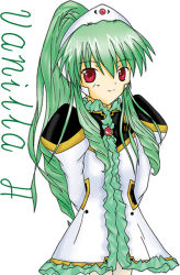 Rule 34 | 00s, 1girl, character name, galaxy angel, green hair, high ponytail, long hair, looking at viewer, ponytail, red eyes, simple background, solo, tagme, vanilla h, white background
