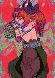 Rule 34 | 1girl, absurdres, animal ears, black choker, bound, bow, braid, cat ears, choker, collar, dress, ear piercing, earrings, extra ears, eyeshadow, frilled dress, frills, green dress, highres, jewelry, kaenbyou rin, long hair, long sleeves, looking at viewer, makeup, mask, mouth mask, muzzle, piercing, red eyes, red hair, sharp teeth, solo, spiked choker, spiked collar, spikes, teeth, touhou, twin braids, yamazaki tsukune