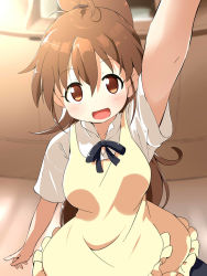 Rule 34 | 1girl, :d, apron, arm up, black ribbon, black skirt, blurry, blurry background, blush, breasts, brown eyes, brown hair, commentary request, depth of field, employee uniform, frilled apron, frills, hair between eyes, high ponytail, highres, indoors, long hair, makuran, medium breasts, neck ribbon, open mouth, ponytail, reaching, reaching towards viewer, ribbon, shirt, short sleeves, skirt, smile, solo, taneshima popura, uniform, very long hair, wagnaria uniform, waitress, white shirt, working!!, yellow apron
