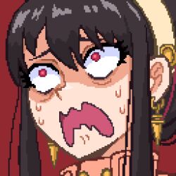 Rule 34 | 1girl, black hair, earrings, gold earrings, hairband, hcnone, highres, jewelry, long hair, looking to the side, panicking, pixel art, red background, sidelocks, simple background, solo, spy x family, sweat, upper body, wavy mouth, white hairband, yor briar
