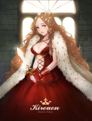Rule 34 | 1girl, breasts, brick wall, brown hair, cape, cleavage, commentary, criss-cross halter, dagger, dress, english commentary, feet out of frame, fur-trimmed cape, fur trim, gown, grey cape, hair ornament, halterneck, highres, holding, holding dagger, holding knife, holding weapon, knife, long hair, looking at viewer, original, pakoo, parted bangs, parted lips, princess, red dress, serious, sleeveless, sleeveless dress, solo, wavy hair, weapon, window, wrist cuffs