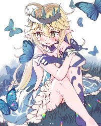 Rule 34 | antenna hair, blonde hair, blue dress, blush, bug, butterfly, chest tattoo, commission, dress, elf, flower, grass, green eyes, highres, insect, multicolored hair, open mouth, original, outdoors, pointy ears, satomachi, sitting, star (sky), star (symbol), star print, tattoo, two-tone hair, vivi (ac8231), white flower