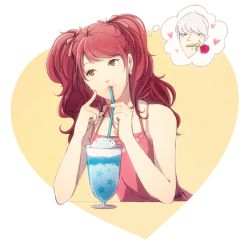 Rule 34 | 1boy, 1girl, bare shoulders, bishounen, brown eyes, drinking, drinking straw, earrings, finger to cheek, flower, flower in mouth, grey hair, hair ribbon, hanpetos, heart, jewelry, kujikawa rise, narukami yuu, persona, persona 4, red hair, ribbon, rose, sparkle, thought bubble, twintails