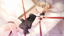 Rule 34 | 1girl, absurdres, ahoge, azur lane, bad id, bad pixiv id, black gloves, black negligee, blonde hair, breasts, fortissimo, gloves, green eyes, hair between eyes, hair ornament, hand on own chest, highres, indoors, knees up, lace trim, lingerie, looking at viewer, lying, musical note, musical note hair ornament, navel, negligee, on back, on bed, parted lips, pillow, short hair, small breasts, solo, southampton (azur lane), treble clef, twitter username, underwear, vilor, wrapped up