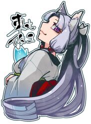 Rule 34 | 1girl, absurdres, animal ear fluff, animal ears, blue border, border, breasts, character name, closed mouth, cropped torso, curtained hair, fox ears, from behind, ghost, grey hair, highres, japanese clothes, kimono, kuron (uhhr2odhrppc5nw), long hair, long sleeves, looking back, medium breasts, nhk (voiceroid), obiage, ponytail, profile, purple eyes, red sash, sash, sidelocks, slit pupils, smile, solo, touhoku itako, transparent background, underbust, upper body, voiceroid, white border, white kimono, wide sleeves