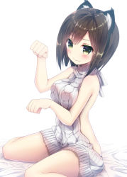 Rule 34 | 10s, 1girl, animal ears, aran sweater, backless dress, backless outfit, bare back, bare shoulders, bed sheet, blush, breasts, brown hair, cable knit, cat ears, closed mouth, drawstring, dress, embarrassed, fake animal ears, green eyes, grey sweater, hairband, halterneck, idolmaster, idolmaster cinderella girls, looking at viewer, maekawa miku, medium breasts, meme attire, paw pose, ribbed sweater, sitting, solo, sweater, sweater dress, thighs, turtleneck, turtleneck sweater, virgin killer sweater, wariza, wavy mouth, white background, yodosu915