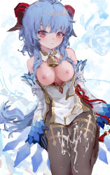 bare_shoulders blue_hair breasts breasts_out brown_pantyhose bukkake cum cum_on_body cum_on_legs curled_horns detached_sleeves ganyu_(genshin_impact) genshin_impact gloves gold_trim highres horns jewelry leotard leotard_under_clothes long_hair medium_breasts multicolored_eyes nipples pantyhose reddizen seiza sidelocks sitting solo thighlet thighs very_long_hair