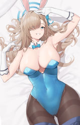 Rule 34 | 1girl, absurdres, arm up, armpit crease, armpits, asuna (blue archive), asuna (bunny) (blue archive), bare shoulders, blue archive, blue bow, blue bowtie, blue eyes, blue leotard, bow, bowtie, breasts, brown pantyhose, cleavage, cowboy shot, detached collar, elbow gloves, eyes visible through hair, gloves, hair over one eye, halo, hand on own head, hand up, highleg, highleg leotard, highres, large breasts, leotard, light brown hair, long bangs, long hair, looking at viewer, lying, mole, mole on breast, official alternate costume, on back, pantyhose, playboy bunny, samart, solo, strapless, strapless leotard, thighband pantyhose, thighs, traditional bowtie, white gloves, wing collar