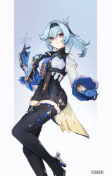 Rule 34 | 1girl, black thighhighs, blue gloves, blue hair, blue necktie, bodystocking, boots, breasts, eula (genshin impact), full body, genshin impact, gloves, hair ornament, hairband, high heel boots, high heels, leotard, lixiao lang, looking at viewer, necktie, solo, thighhighs, vambraces, yellow eyes