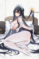 Rule 34 | 1girl, absurdres, antenna hair, arm garter, ass, ass cutout, azur lane, bare shoulders, bird, black hair, black skirt, breasts, chick, closed mouth, clothing cutout, expressionless, feet, frills, green eyes, highres, indomitable (azur lane), indomitable (ms. motivationless maid) (azur lane), large breasts, lifting own clothes, long hair, looking at viewer, maid, maid headdress, manjuu (azur lane), miniskirt, no shoes, official alternate costume, on bed, pantyhose, pillow, pleated skirt, revealing clothes, sitting, skirt, solo, somyo (s0my0), thighs, very long hair, white pantyhose, yokozuwari