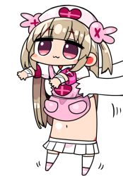 Rule 34 | &gt; &lt;, 1girl, :3, apron, armband, bandaged arm, bandages, blush stickers, brown hair, closed mouth, commentary request, full body, hair ornament, hat, kanikama, long hair, longcat (meme), looking away, meme, midriff, natori sana, navel, nurse cap, out of frame, outstretched arms, pink apron, pink footwear, pink headwear, pleated skirt, puffy short sleeves, puffy sleeves, rabbit hair ornament, red eyes, sana channel, shirt, short sleeves, simple background, skirt, solo focus, thighhighs, two side up, very long hair, virtual youtuber, white background, white shirt, white skirt, white thighhighs