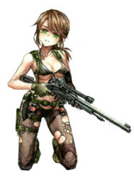 Rule 34 | 1girl, absurdres, ameyoshi-kun, asymmetrical gloves, bikini, boots, breasts, brown hair, combat boots, explosive, front-tie bikini top, front-tie top, full body, gloves, green eyes, grenade, gun, head tilt, highres, holster, kneeling, knife, long hair, looking at viewer, medium breasts, metal gear (series), metal gear solid v: the phantom pain, mismatched gloves, pantyhose, ponytail, quiet (metal gear), rifle, scope, sniper rifle, solo, suspenders, swimsuit, thigh holster, torn clothes, torn pantyhose, underboob, weapon