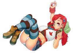 Rule 34 | 1girl, alternate hair color, ankle boots, bad id, bad tumblr id, belt, boots, breasts, candice (pokemon), creatures (company), crossed ankles, flannery (pokemon), flat color, fusion, game freak, gonzozeppeli, groin, gym leader, hair bun, hair ornament, hairclip, hexafusion, hip focus, knees, large breasts, legs, long hair, lying, midriff, miniskirt, navel, nintendo, on back, panties, pantyshot, pillow, poke ball, poke ball (basic), pokemon, red eyes, red hair, revision, shoes, shorts, simple background, skirt, smile, solo, striped clothes, striped thighhighs, thighhighs, twintails, underwear, upskirt, white panties, whitney (pokemon), wristband