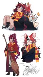 Rule 34 | 2girls, animal ears, bandaid, bandaid on face, black hair, blue eyes, book, broom, cheese, eus ing, floating, food, gloves, hair ornament, hakos baelz, harry potter (series), heterochromia, highres, hogwarts school uniform, hololive, hololive english, horns, irys (hololive), long hair, mouse ears, mouse girl, mouse tail, multicolored hair, multiple girls, necktie, pointy ears, purple hair, quidditch, quill, red hair, scarf, school uniform, shirt, streaked hair, striped, tail, twintails, virtual youtuber, white hair, wizarding world