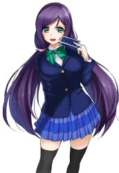 Rule 34 | 10s, 1girl, arm behind back, black thighhighs, blazer, blush, breasts, card, cowboy shot, green eyes, jacket, large breasts, long hair, looking at viewer, love live!, love live! school idol project, parted lips, purple hair, school uniform, seramikku, simple background, skirt, solo, thighhighs, tojo nozomi, very long hair, white background, zettai ryouiki