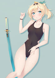 Rule 34 | 1girl, aqua eyes, bare shoulders, black one-piece swimsuit, blonde hair, blush, bow, breasts, collarbone, commentary request, competition swimsuit, covered navel, gluteal fold, green background, hair between eyes, highres, hololive, katana, kazama iroha, kazuma (kazumav), long sleeves, looking at viewer, lying, medium breasts, medium hair, on back, one-piece swimsuit, ponytail, sheath, sheathed, sidelocks, simple background, solo, sweat, swimsuit, sword, thigh gap, thighs, virtual youtuber, weapon, yellow bow