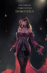 Rule 34 | 1girl, black pantyhose, breasts, brown hair, character name, cleavage, collarbone, copyright name, dark background, dorothea arnault, dress, earrings, fire emblem, fire emblem: three houses, frilled sleeves, frills, jewelry, large breasts, long hair, looking to the side, nintendo, pantyhose, phamoz, red dress, solo, standing, wavy hair