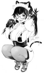Rule 34 | absurdres, animal ears, ass, bell, bikini, black eyes, black hair, breasts, cat ears, cat tail, choker, earrings, fake animal ears, fang, fangs, gagaimo, glasses, gloves, greyscale, highres, jewelry, large breasts, lingerie, looking at viewer, maid, maid bikini, maid headdress, monochrome, nike (company), open mouth, shoes, sneakers, solo, squatting, stud earrings, swimsuit, tail, thighs, traditional media, twintails, unconventional maid, underwear