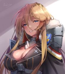 Rule 34 | 1girl, azur lane, bismarck (azur lane), blonde hair, blue eyes, blush, breasts, check commentary, cleavage, commentary request, filin, fur trim, highres, lapel pin, large breasts, long hair, smile, underbust, upper body