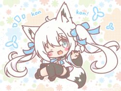 Rule 34 | 1girl, ;3, ahoge, alternate hairstyle, animal ears, artist name, black footwear, black thighhighs, blouse, blue ribbon, blush stickers, braid, catchphrase, chibi, commentary request, commission, fox ears, fox girl, fox shadow puppet, fox tail, hair ribbon, highres, hololive, long hair, mitarashi neko, navel, neck ribbon, one eye closed, open mouth, outstretched arms, pixiv commission, ribbon, shirakami fubuki, shirakami fubuki (1st costume), shirt, side braid, single braid, single thighhigh, solo, spread arms, star (symbol), tail, thighhighs, twintails, very long hair, virtual youtuber, white hair, white shirt, wide sleeves