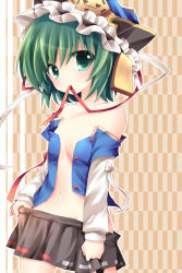 1girl bad_id bad_pixiv_id bare_shoulders clothes_pull female_focus flat_chest green_eyes green_hair hat horon matching_hair/eyes mouth_hold navel off_shoulder open_clothes open_shirt ribbon shiki_eiki shirt short_hair skirt skirt_pull solo touhou