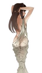 Rule 34 | 1girl, ass, bed sheet, breasts, brown hair, dress, earrings, from behind, green eyes, hands in hair, highres, idolmaster, idolmaster cinderella girls, jewelry, kinpun (fgxdw447), long hair, naked sheet, shibuya rin, side ponytail, sideboob, simple background, small breasts, solo, standing, white background