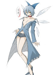 Rule 34 | 1girl, adapted costume, aged up, blue hair, bow, breasts, brown eyes, choker, cirno, cleavage, hair bow, highres, legs, navel, open clothes, revealing clothes, sannomiya, sannomiya (3factorial), short hair, shorts, simple background, sketch, solo, touhou, translated, white background, wings
