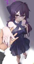 Rule 34 | 1girl, :o, bag, bare shoulders, black panties, blue archive, blush, breasts, cleavage, commentary, dress, fingernails, halo, haruka (blue archive), haruka (dress) (blue archive), hetero, highres, holding, holding bag, holding hands, keyfanjun, looking at viewer, official alternate costume, panties, pantyhose, pov, pov hands, purple dress, purple eyes, purple hair, see-through, see-through dress, sensei (blue archive), small breasts, strapless, strapless dress, tears, underwear