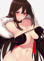 Rule 34 | 1girl, bare shoulders, black dress, blush, bottomless, breasts, brown hair, center opening, choker, cleavage, cocq taichou, collarbone, dress, earrings, fate/grand order, fate (series), fur-trimmed jacket, fur trim, jacket, jewelry, large breasts, long hair, long sleeves, looking at viewer, multiple earrings, navel, no panties, out-of-frame censoring, red eyes, revealing clothes, ribbon-trimmed dress, simple background, smile, solo, very long hair, white background, yu mei-ren (fate)