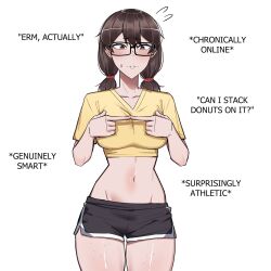 1girl ackchyually_(meme) black-framed_eyewear black_shorts blush breasts buck_teeth commentary cowboy_shot dolphin_shorts english_commentary english_text freckles glasses highres index_fingers_together jimiko meme midriff mole mole_on_breast mole_on_thigh multiple_moles navel nerd_emoji nervous_sweating original short_hair short_shorts short_twintails shorts stephanie_(ti_keep) sweat teeth ti_keep twintails